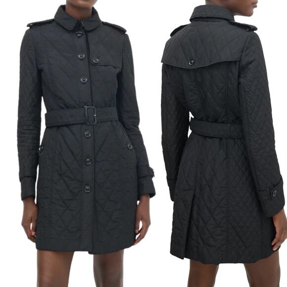 Burberry Coat Black Parka Long Diamond Quilted Puffer Jacket Nova Check US 8 - Picture 2 of 12
